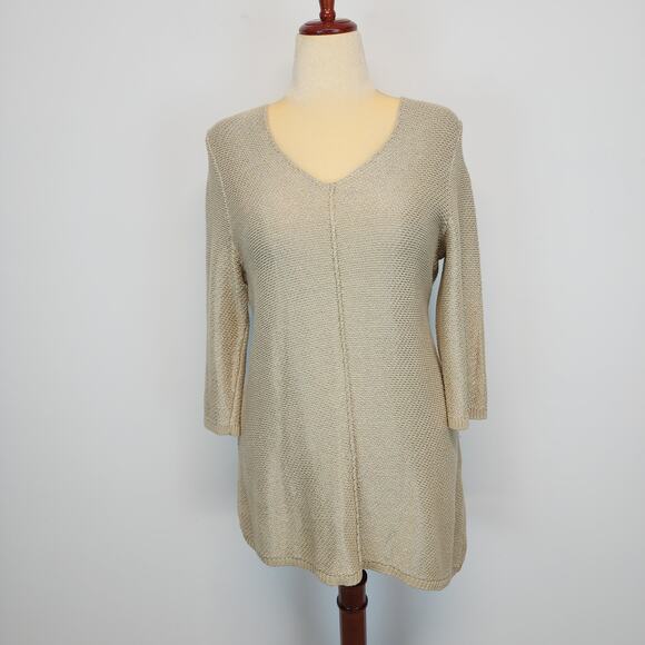 Chicos 2 Slanted Hem Heidi Sweater Size L Tan Metallic Slub Knit Chic Neutral - Picture 1 of 15